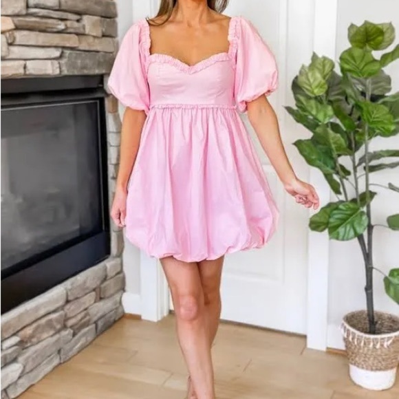 Lena Dresses & Skirts - LENA Love Pink Puff Sleeve Bubble Babydoll Sweetheart Collar Mini Dress